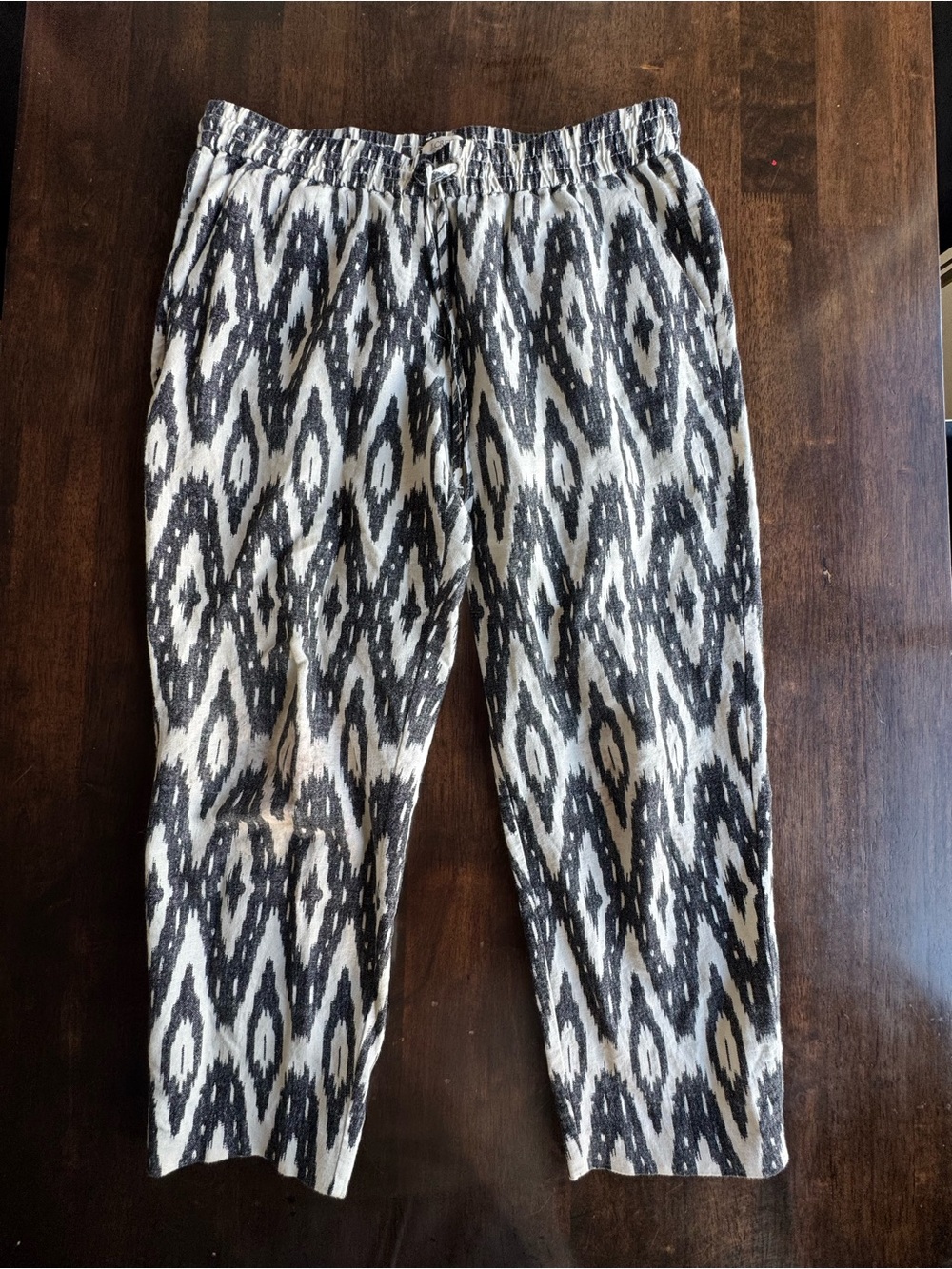 J. Crew IKAT Black White Boho Linen Blend Drawstring Lightweight Sz 10